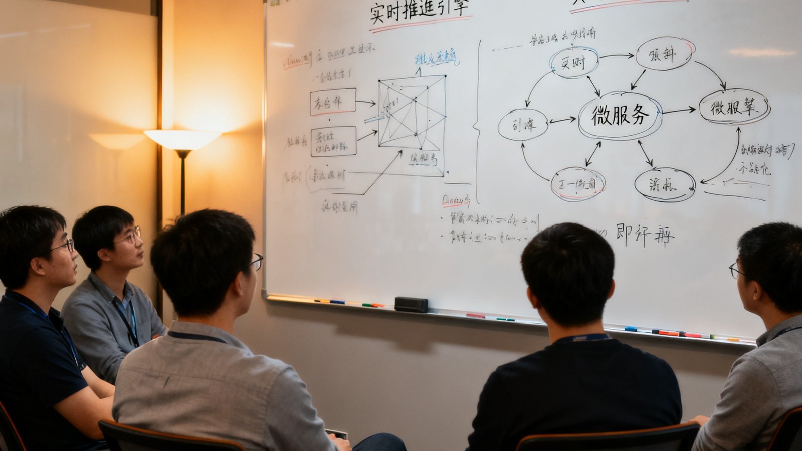 即时比分技术团队围坐在白板前讨论数据流架构，白板上画着实时推送引擎和微服务示意图