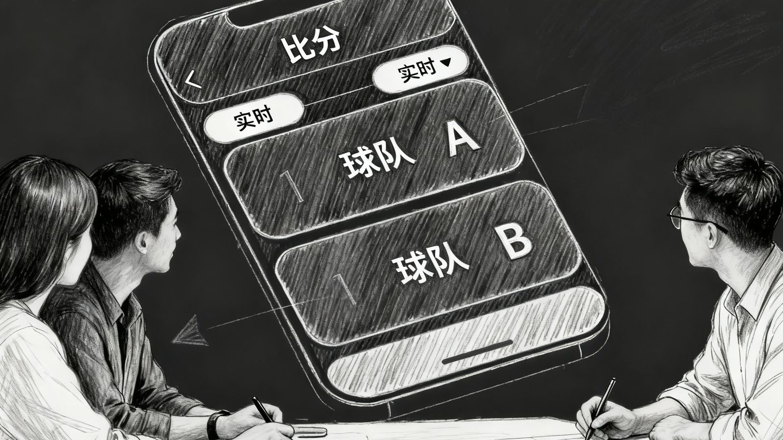 产品经理和UI设计师在讨论移动端比分界面，草图展示深色模式和卡片布局
